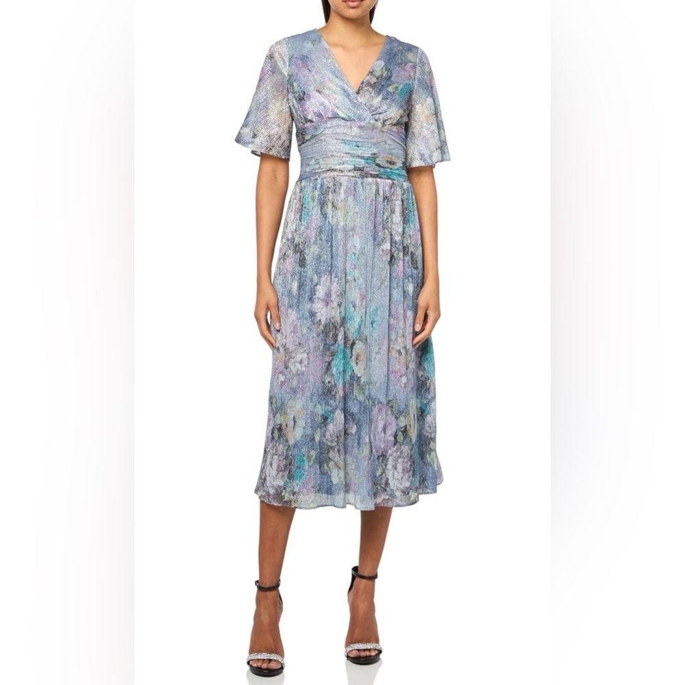 S.L. Fashions Short Sleeve VNeck Cocktail Dress WRuched Waist Wedding Guest Gown